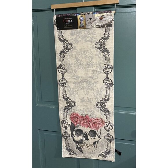 Cynthia Rowley Table Runner Halloween Skull Roses Pink Black Gothic NEW Party - Picture 6 of 7